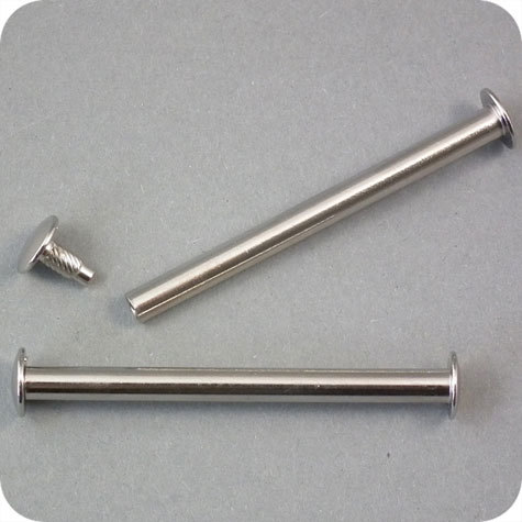 legatoria Vite sepolta ad incastro, 80mm NICHELATA.Per rilegatura. Lunghezza mm 80, testa diametro 10mm, fusto le due teste terminali sono lisce. Per lunghezza, si intende la distanza INTERNA tra le due teste, che corrisponde allo spessore del volume da rilegare.