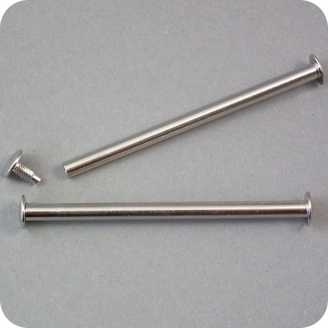 legatoria Vite sepolta ad incastro, 120mm NICHELATA.Per rilegatura. Lunghezza mm 120, testa diametro 10mm, fusto le due teste terminali sono lisce. Per lunghezza, si intende la distanza INTERNA tra le due teste, che corrisponde allo spessore del volume da rilegare.