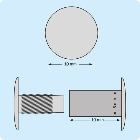 legatoria Vite sepolta ad incastro, 10mm OTTONATA.Per rilegatura. Lunghezza mm 10, testa diametro 10mm, fusto le due teste terminali sono lisce. Per lunghezza, si intende la distanza INTERNA tra le due teste, che corrisponde allo spessore del volume da rilegare.