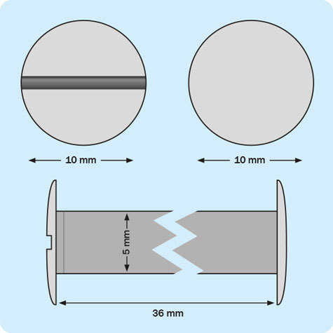 legatoria Viti sepolte rilegatura, OTTONATE, 36mm  (vite da 35mm + prolunga da 1mm) testa diametro 10mm, tubetto diametro 5mm, una testa fissa ed una mobile. Per lunghezza, si intende la distanza INTERNA tra le due teste, che corrisponde allo spessore del volume da rilegare.