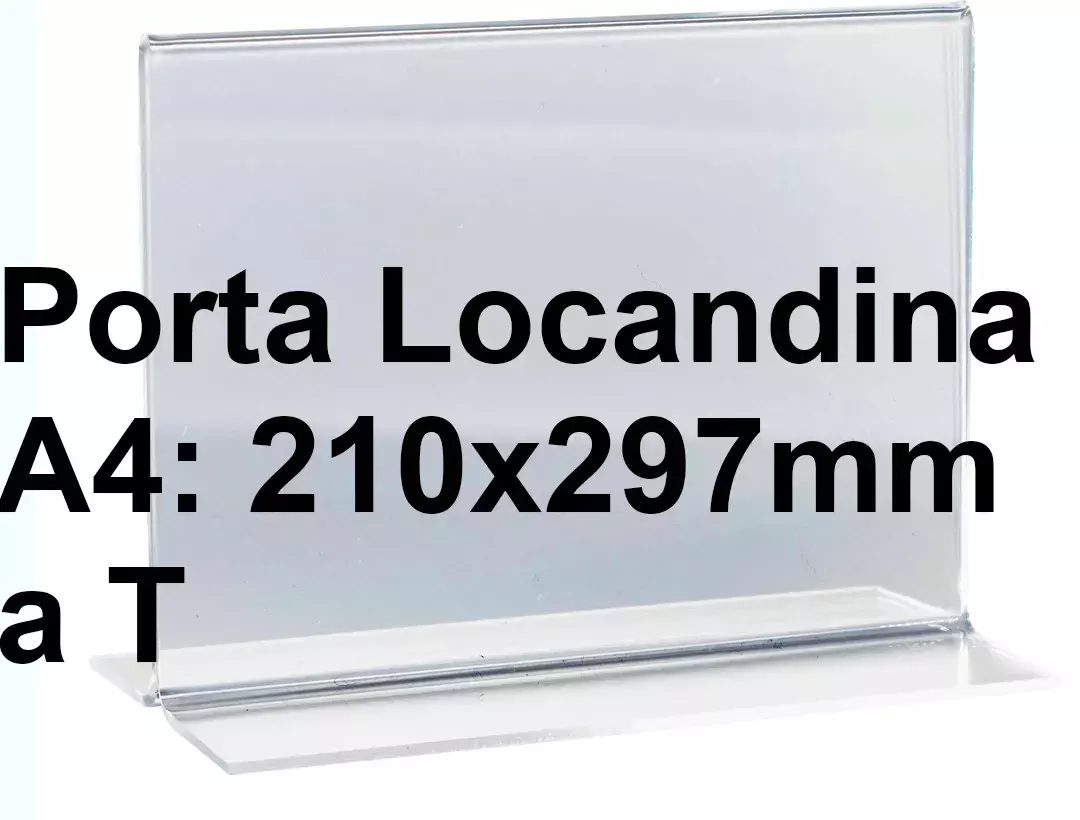 legatoria PortaLocandinaPlexiglass, DaTavoloBifacciale, A4orizzontale, 210x297mm PortaCartello TRASPARENTE, in Plexiglass da 1,5mm, formato A4 (211x300mm) a disposizione orizzontale, base a T larga 85mm. La disposizione perfettamente orizzontale consente di inserire un depliant visibile su entrambi i lati. Ideale per ogni tipo di comunicazione     .