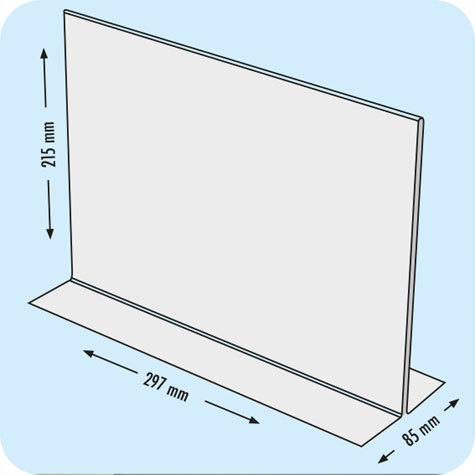 legatoria PortaLocandinaPlexiglass, DaTavoloBifacciale, A4orizzontale, 210x297mm PortaCartello TRASPARENTE, in Plexiglass da 1,5mm, formato A4 (211x300mm) a disposizione orizzontale, base a T larga 85mm. La disposizione perfettamente orizzontale consente di inserire un depliant visibile su entrambi i lati. Ideale per ogni tipo di comunicazione     .