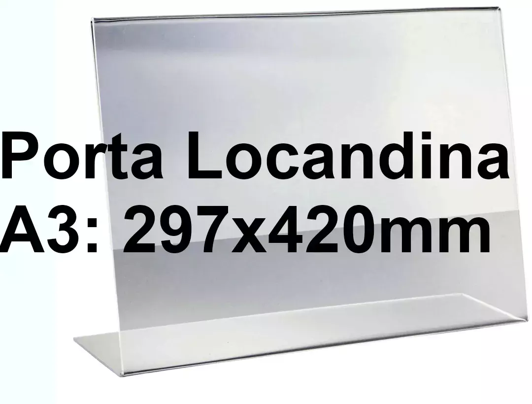 legatoria PortaLocandinaPlexiglass, DaTavoloMonofacciale, A3orizzontale, 297x420 mm PortaCartello TRASPARENTE, in plexiglass da 1,5mm, formato A3 (299x425mm) a disposizione orizzontale.