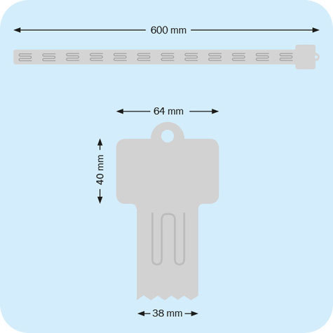 legatoria Supporto espositivo, 600 mm TRASPARENTE. In polipropilene pesante da 0,5mm. Lunghezza 600mm. Larghezza 38mm. Con 12 ganci. Testa superiore forata 64x40mm .