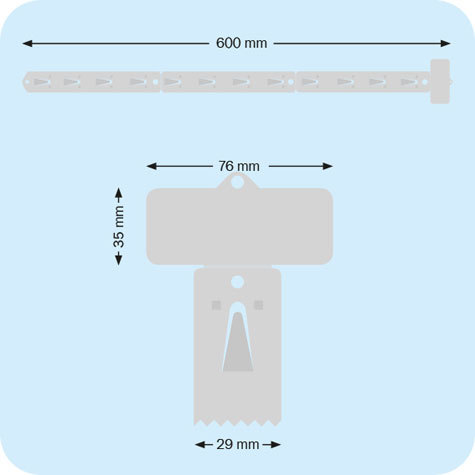 legatoria Supporto espositivo 600mm. Pieghevole TRASPARENTE. In polipropilene pesante da 1,5mm. Lunghezza 600mm. Larghezza 38mm. Con 12 ganci. Testa superiore forata 64x40mm .