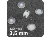 legatoria Rivetto in plastica 3,5mm TRASPARENTE, a testa sottile, in due pezzi, spessore testa 1mm, spessore base 1mm, spessore rilegabile 3,5mm, spessore complessivo a rivetto chiuso 5,5mm, foro da praticare sui fogli 5mm, diametro esterno della base e della testa 10mm..