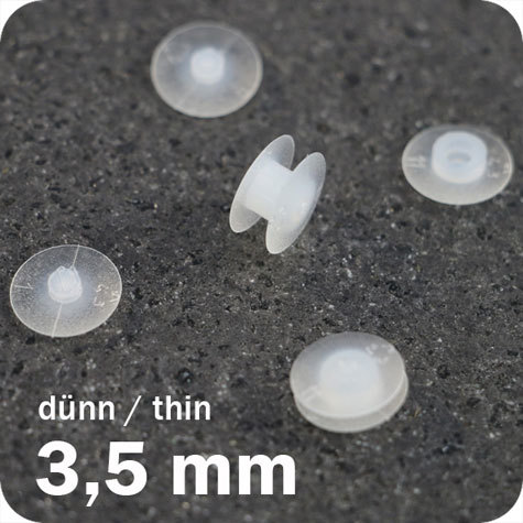 legatoria Rivetto in plastica 3,5mm TRASPARENTE, a testa sottile, in due pezzi, spessore testa 1mm, spessore base 1mm, spessore rilegabile 3,5mm, spessore complessivo a rivetto chiuso 5,5mm, foro da praticare sui fogli 5mm, diametro esterno della base e della testa 10mm..