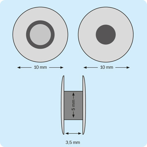 legatoria Rivetto in plastica 3,5mm TRASPARENTE, a testa sottile, in due pezzi, spessore testa 1mm, spessore base 1mm, spessore rilegabile 3,5mm, spessore complessivo a rivetto chiuso 5,5mm, foro da praticare sui fogli 5mm, diametro esterno della base e della testa 10mm..