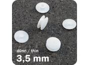 legatoria Rivetto in plastica 3,5mm BIANCO, a testa sottile, in due pezzi, spessore testa 1mm, spessore base 1mm, spessore rilegabile 3,5mm, spessore complessivo a rivetto chiuso 5,5mm, foro da praticare sui fogli 5mm, diametro esterno della base e della testa 10mm..