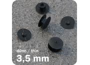 legatoria Rivetto in plastica 3,5mm NERO, a testa sottile, in due pezzi, spessore testa 1mm, spessore base 1mm, spessore rilegabile 3,5mm, spessore complessivo a rivetto chiuso 5,5mm, foro da praticare sui fogli 5mm, diametro esterno della base e della testa 10mm..