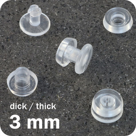 legatoria Rivetto in plastica 3mm, TRASPARENTE,  in due pezzi, a testa spessa, spessore testa 2mm, spessore base 3mm, spessore rilegabile 3mm, spessore complessivo a rivetto chiuso 8mm, foro da praticare sui fogli 6mm, diametro esterno della base e della testa 11,5mm.