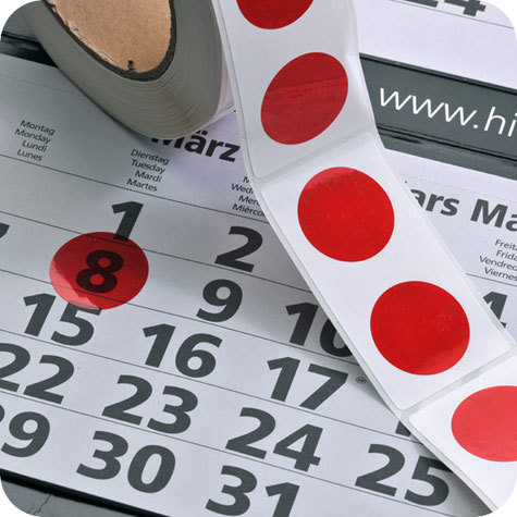 legatoria Segnagiorno adesivo per calendari, 28 mm  Adesione a carica elettrostatica. Cerchio traslucido rosso diametro 28 mm..