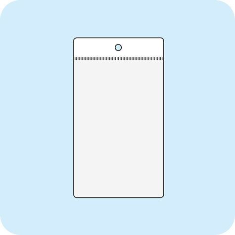 legatoria Busta a U. foro. 52x100mm TRASPARENTE, con lato sporgente e con foro da 3mm per l&rsquo;appensione, in PVC morbido da 180 micron, aperta sul lato corto. Contiene fogli formato A8 (52x100mm). Formato esterno (61x124mm). Senza patella di chiusura.