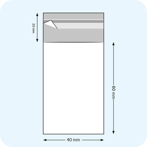 legatoria Sacchetto polipropilene orientato (OPP) 40x60mm TRASPARENTE, in polipropilene (OPP) da 30 micron, con patella da 20mm e banda autoadesiva di chiusura sul lato corto.