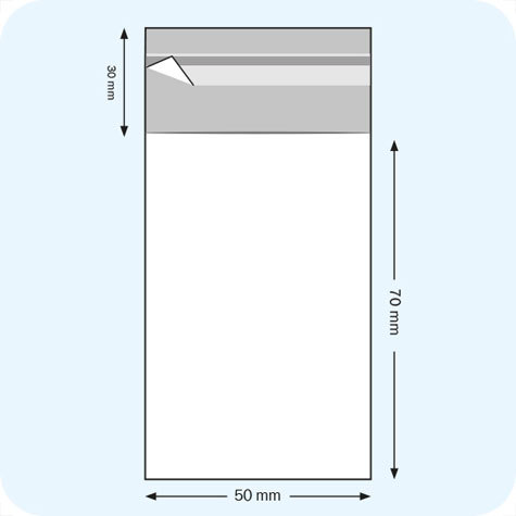 legatoria Sacchetto polipropilene orientato (OPP) 50x70mm TRASPARENTE, in polipropilene (OPP) da 30 micron, con patella da 30mm e banda autoadesiva di chiusura sul lato corto.