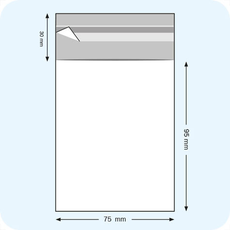 legatoria Sacchetto polipropilene orientato (OPP) 75x95mm TRASPARENTE, in polipropilene (OPP) da 30 micron, con patella da 30mm e banda autoadesiva di chiusura sul lato corto.