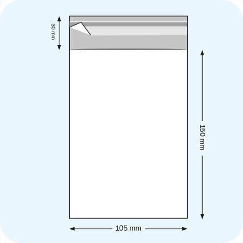 legatoria Sacchetto polipropilene orientato (OPP) 105x150mm TRASPARENTE, in polipropilene (OPP) da 30 micron, con patella da 30mm e banda autoadesiva di chiusura sul lato corto.