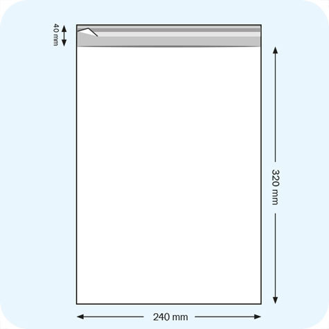 legatoria Sacchetto polipropilene orientato (OPP) 240x320mm TRASPARENTE, in polipropilene (OPP) da 30 micron, con patella da 30mm e banda autoadesiva di chiusura sul lato corto.