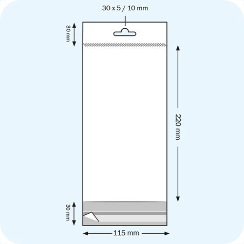 legatoria Sacchetto in polipropilene (OPP) 115x220mm TRASPARENTE, in polipropilene (OPP) da 30 micron, con patella da 30mm e banda autoadesiva di chiusura sul lato corto. Con foro euro sul lato superiore per appensione.