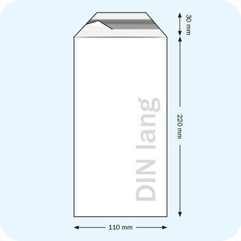 legatoria Sacchetto con chiusura autoadesiva, 110x220mm TRASPARENTE, in polietilene da 70 micron, con patella da 30mm e banda autoadesiva di chiusura sul lato corto, adatta anche per mailing.