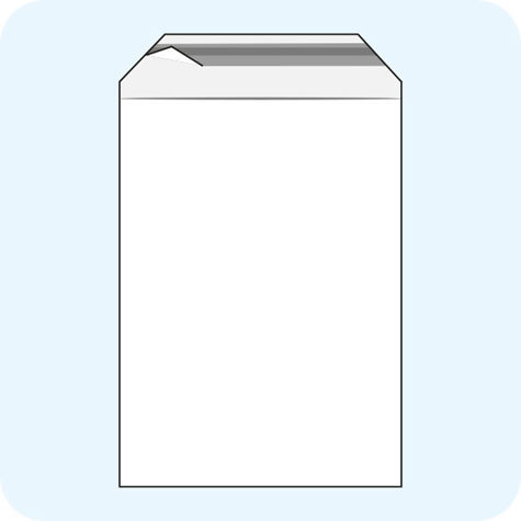 legatoria Sacchetto con chiusura autoadesiva, 400x500mm TRASPARENTE, in polietilene da 50 micron, con patella da 50mm e banda autoadesiva di chiusura sul lato corto, adatta anche per mailing.