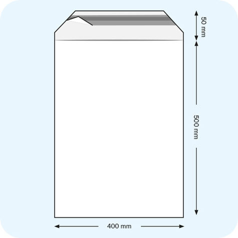 legatoria Sacchetto con chiusura autoadesiva, 400x500mm TRASPARENTE, in polietilene da 50 micron, con patella da 50mm e banda autoadesiva di chiusura sul lato corto, adatta anche per mailing.