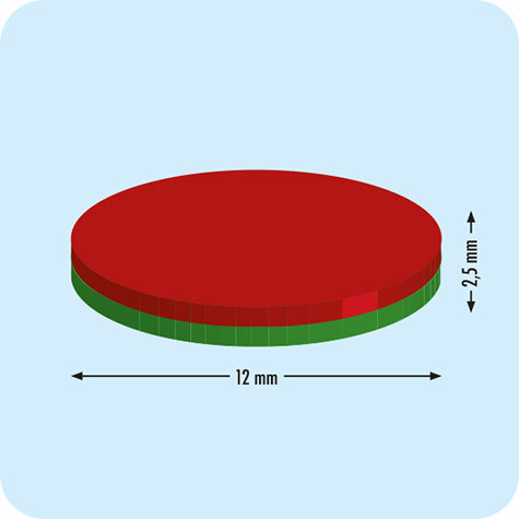 legatoria Calamita diametro 12mm spessore 2.5mm Calamita cilindrica spessore 2.5mm, dischi magnetici al neodimio, grado magnetico N35 forza di attrazione massima: 1500g.