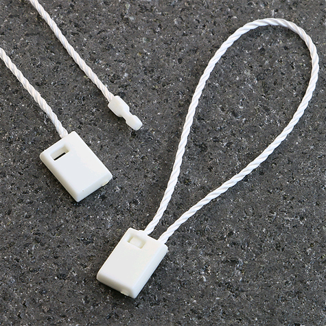 legatoria Filo sicurezza cotone. 200mm BIANCO, con box di fissaggio ad aggancio rapido, lunghezza aperto 20cm, lunghezza chiusa 10cm. Consentono di attaccare etichette e cartellini senza l’ausilio di pistola sparafili, sono rimovibili solo strappandoli.