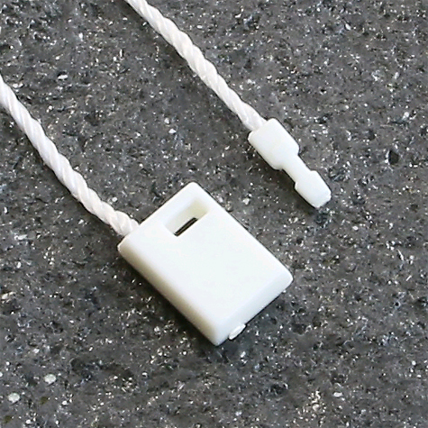 legatoria Filo sicurezza cotone. 120mm BIANCO, con box di fissaggio ad aggancio rapido, lunghezza aperto 12cm, lunghezza chiusa 6cm. Consentono di attaccare etichette e cartellini senza lausilio di pistola sparafili, sono rimovibili solo strappandoli.