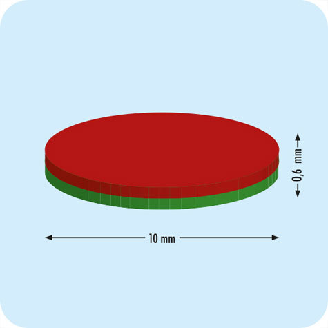 legatoria Calamita diametro 10mm spessore 0.6mm Calamita cilindrica al neodimio, diametro 10mm spessore 0.6mm, grado magnetico N38. Forza di attrazione 250g.
