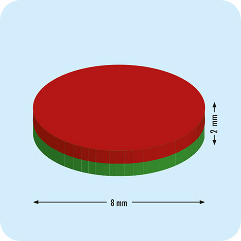 legatoria Calamita diametro 8mm spessore 2mm Calamita cilindrica al neodimio, diametro 8mm spessore 2mm, grado magnetico N35. Forza di attrazione 800g.
