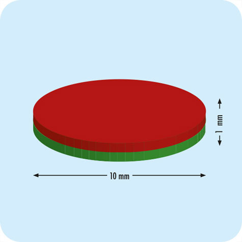 legatoria Calamita diametro 10mm spessore 1mm Calamita cilindrica al neodimio, diametro 10mm spessore 1mm, grado magnetico N35. Forza di attrazione 500g.