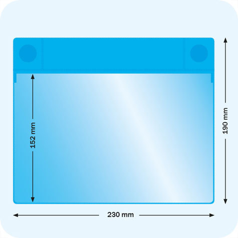 legatoria Busta magnetica, A5, Apertura sul lato lungo BLU. 230x152mm. Con 2 calamite al neodimio 15x3,5 mm (grado magnetico N35). Lato superiore In PVC trasparente morbido da 250 micron. Lato inferiore in PVC blu da 300 micron.