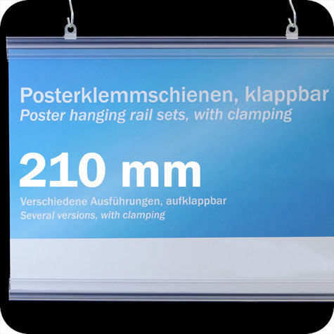 legatoria Listelli appendi poster con serraggio a pressione, 210mm TRASPARENTE. Binario appendi poster in due pezzi con serraggio del poster. Dotato di due appendini sulla barra superiore (senza appendini sulla barra inferiore)..