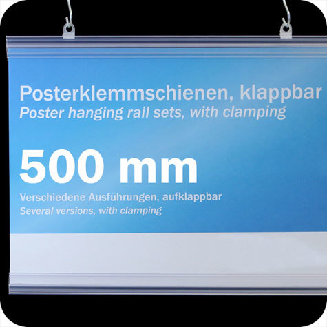 legatoria Listelli appendi poster con serraggio a pressione, 500 mm TRASPARENTE. Binario appendi poster in due pezzi con serraggio del poster. Dotato di due appendini sulla barra superiore (senza appendini sulla barra inferiore)..