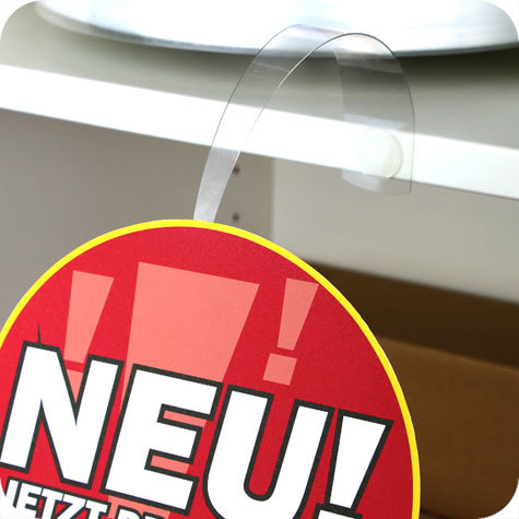 legatoria Supporto per cartelli Wobbler, 208mm TRASPARENTE, con due estremit autoadesive. Una 17x30mm e una diametro 18mm, entrambe in schiuma di polietilene (PE) con linguetta sulle estremit. molto tenace. In PVC rigido 380 micron.