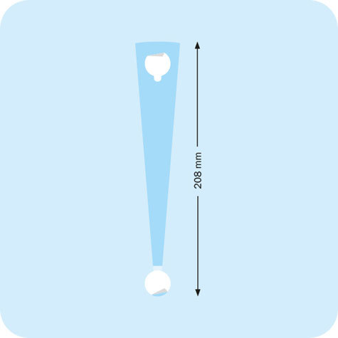 legatoria Supporto per cartelli Wobbler, 208mm TRASPARENTE. Lungo 208mm, con due estremit autoadesive, una 17x30mm e una di diametro 18mm.