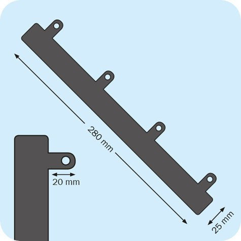 legatoria Fastener a 4 buchi, 280x25mm NERO, in PVC rigido, lunghezza 280mm. Interasse fori 80mm.