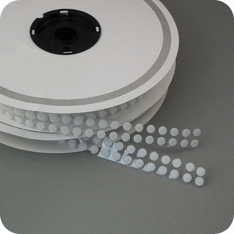 legatoria Bollini in velcro autoadesivi, diametro 10mm BIANCO, coppie maschio-femmina venduti su due rotoli.