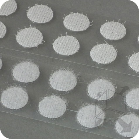 legatoria Bollini in velcro autoadesivi, diametro 10mm BIANCO, coppie maschio-femmina venduti su due rotoli.