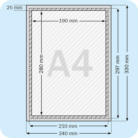 legatoria Cornice alluminio. scatto. A4 ARGENTO ANGOLI SQUADRATI. Per fogli di dimensione A4(210x297mm). Dimensioni esterne: 240x330mm. Area visibile: 190x280mm. Altezza profilo: 25mm. La cornice � dotata di foglio protettivo in PVC trasparente antiriflesso.