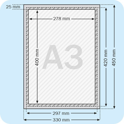 legatoria Cornice alluminio. scatto. A3 ARGENTO ANGOLI SQUADRATI. Per fogli di dimensione A3(297x420mm). Dimensioni esterne: 330x450mm. Area visibile: 278x400mm. Altezza profilo: 25mm. La cornice � dotata di foglio protettivo in PVC trasparente antiriflesso.