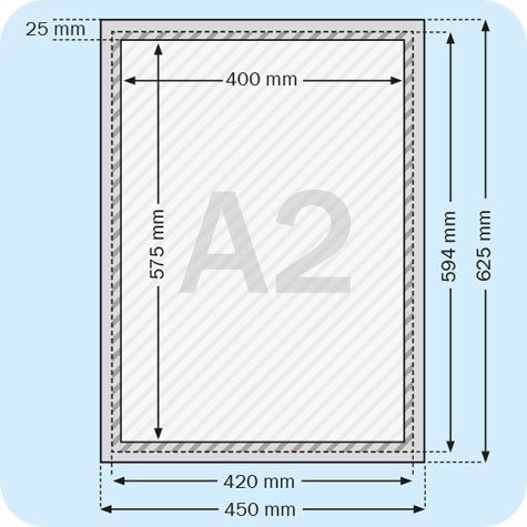 legatoria Cornice alluminio. scatto. A2 ARGENTO ANGOLI SQUADRATI. Per fogli di dimensione A2(420x594mm). Dimensioni esterne: 450x625mm. Area visibile: 400x575mm. Altezza profilo: 25mm. La cornice � dotata di foglio protettivo in PVC trasparente antiriflesso.