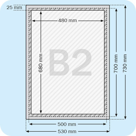 legatoria Cornice alluminio. scatto. B2 ARGENTO ANGOLI SQUADRATI. Per fogli di dimensione B2(500x707mm). Dimensioni esterne: 530x730mm. Area visibile: 480x680mm. Altezza profilo: 25mm. La cornice � dotata di foglio protettivo in PVC trasparente antiriflesso.