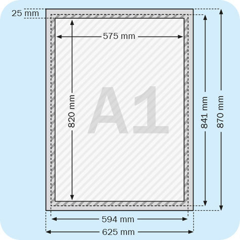 legatoria Cornice alluminio. scatto. A1 ARGENTO ANGOLI SQUADRATI. Per fogli di dimensione A1(594x841mm). Dimensioni esterne: 625x870mm. Area visibile: 575x820mm. Altezza profilo: 25mm. La cornice � dotata di foglio protettivo in PVC trasparente antiriflesso.
