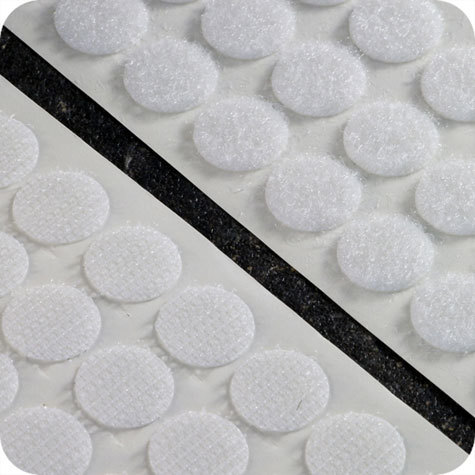 legatoria Bollini in velcro autoadesivi, diametro 13mm BIANCO, coppie maschio-femmina venduti su due rotoli.