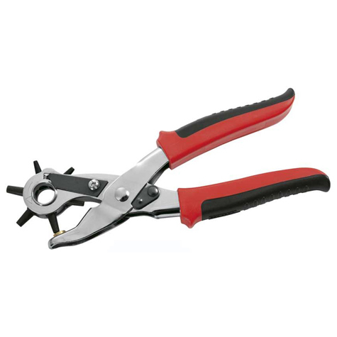 legatoria Pinza fustellatrice da calzolaio selezione del foro a revolver. 6 diametri di foratura: 2,5mm, 3mm, 3,5mm, 4mm, 4,5mm, 5mm. In acciaio speciale ad alta resistenza. Maniglia in polimero ergonomico. Prodotto originale tedesco. MADE IN GERMANY.