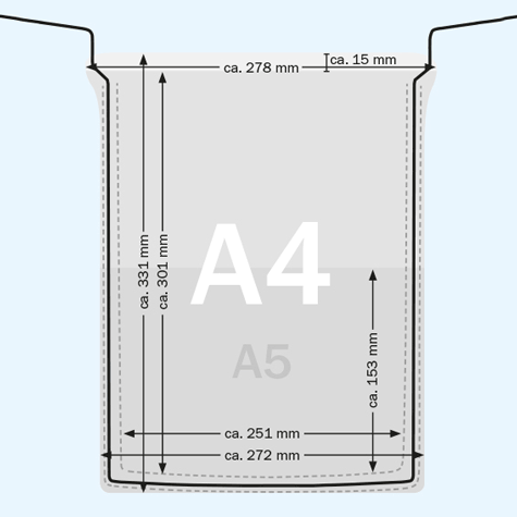 legatoria Busta con rinforzi metallici. A4 e A5. aperta sul lato corto TRASPARENTE, in PVC flessibile 140 micron, senza patella di chiusura, con tasca addizionale, per formato A4 (21x29,7cm) e A5 (14,8x21cm)..