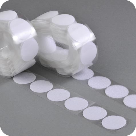 legatoria Bollini in velcro autoadesivi, diametro 35mm BIANCO, coppie maschio-femmina venduti su due rotoli.