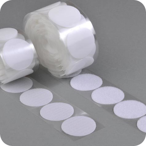 legatoria Bollini in velcro autoadesivi, diametro 47mm BIANCO, coppie maschio-femmina venduti su due rotoli.